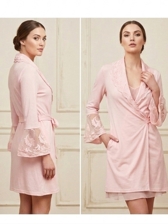 tuba collection Other - Vintage Tuba Collection Pink Lace Robe Kimono Sleeve Scalloped Trim Size S